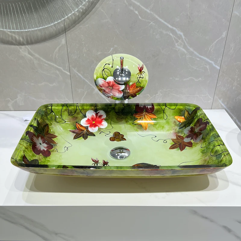 

Luxury retro hand drawn floral pattern tempered glass countertop basin, Chinese style art washbasin, for hotel, homestay GN558EM