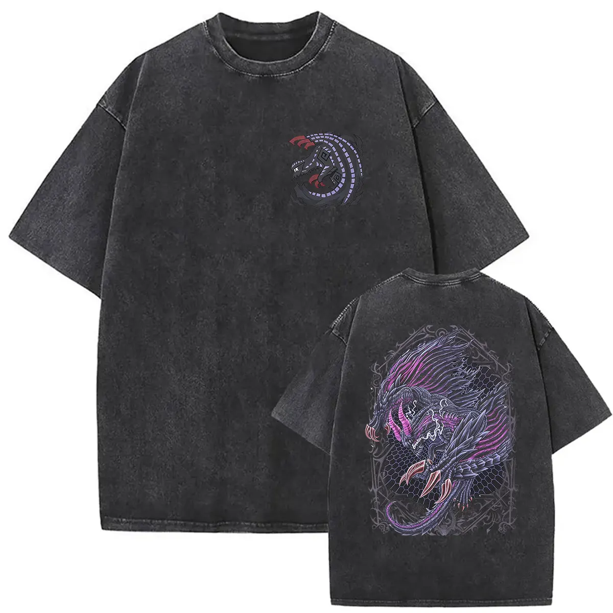 Vintage Washed Monster Hunter Gore Magala The Black Eclipse Game Graphic T-shirt Men's Gothic Hip Hop Loose Short Sleeve T Shirt