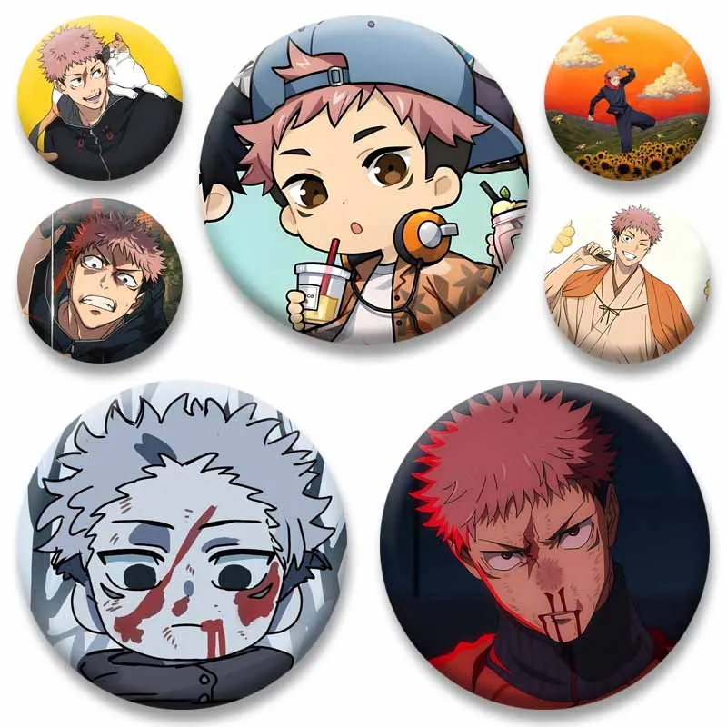 Creative Anime Figure Yuji Itadori Coin Badge Snap-in Button Pin Funny Cartoon Meme Brooches Bag Clothes Shoes Decor Accessories