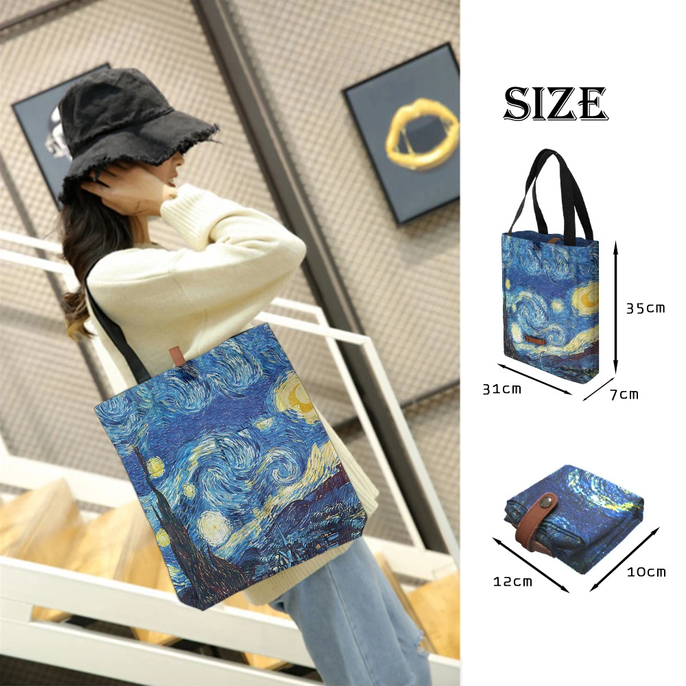 Customize polyester Oil Painting Van Gogh Print Tote Bags Reusable Shopping Bag For Groceries Shoulder Bags home storage bag