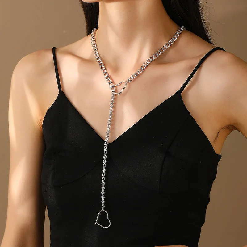 Heart Cat O-ring Slip Chain Necklace for Women Silver Color Punk Rock Long Tassel Y Shaped Collar Jewelry Adjustable Neck Chains