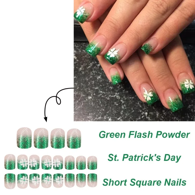 24 Pcs Clover Simple Paste Fake Nails Green Glitter Spring Press on Nails Set Beautiful Medium Short Holiday Stick-on Nails 2025