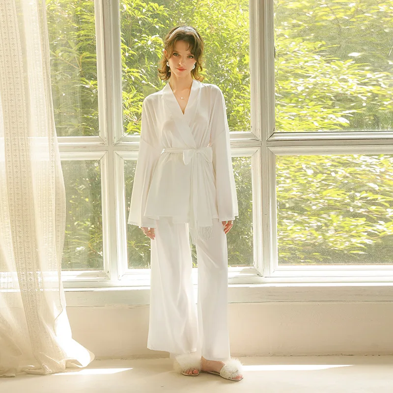 White Bride Wedding Pajamas Suit Tassels Belt Robe Pants Satin Loungewear Vestidos De Novia Long Sleeve Trousers Suit Pjs
