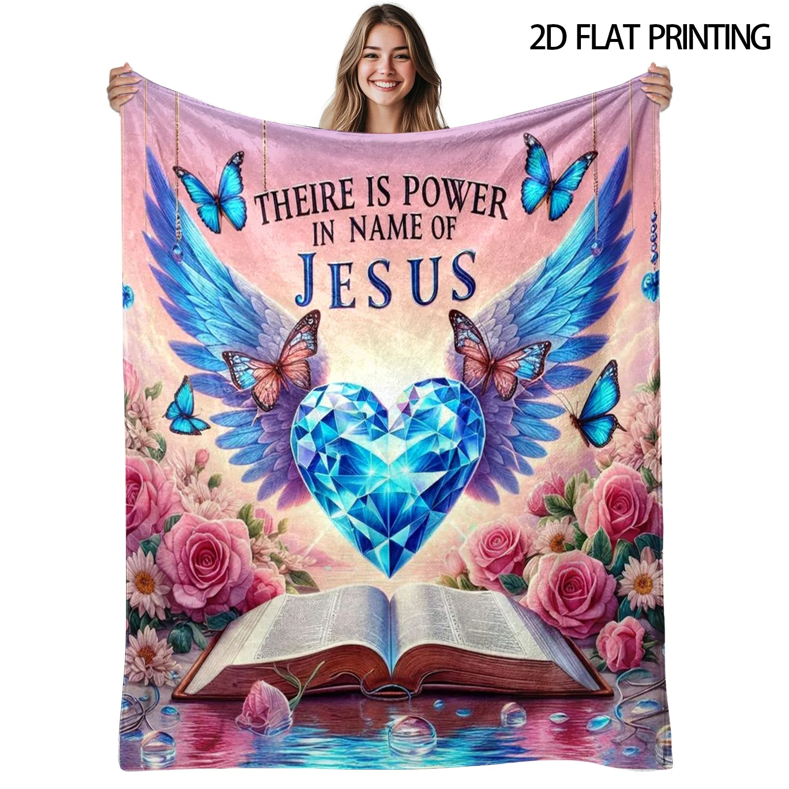 Power in Jesus Flannel Throw Blanket Christian Bible Wings Butterfly Heart Floral Design Sofa Bed Couch Bedroom Living Room Religious Home Decor Church Gift Office Travel Nap Blanket Spiritual Bedding Faith Gift Prayer Room Accent Christian Keepsake