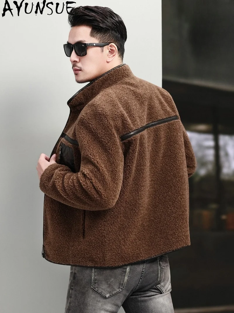 AYUNSUE Short Sheep Shearing Jacket Man High Quality 100% Wool Coat Men Stand Collar Warm Silk Liner Lamb Wool Coats Jackets