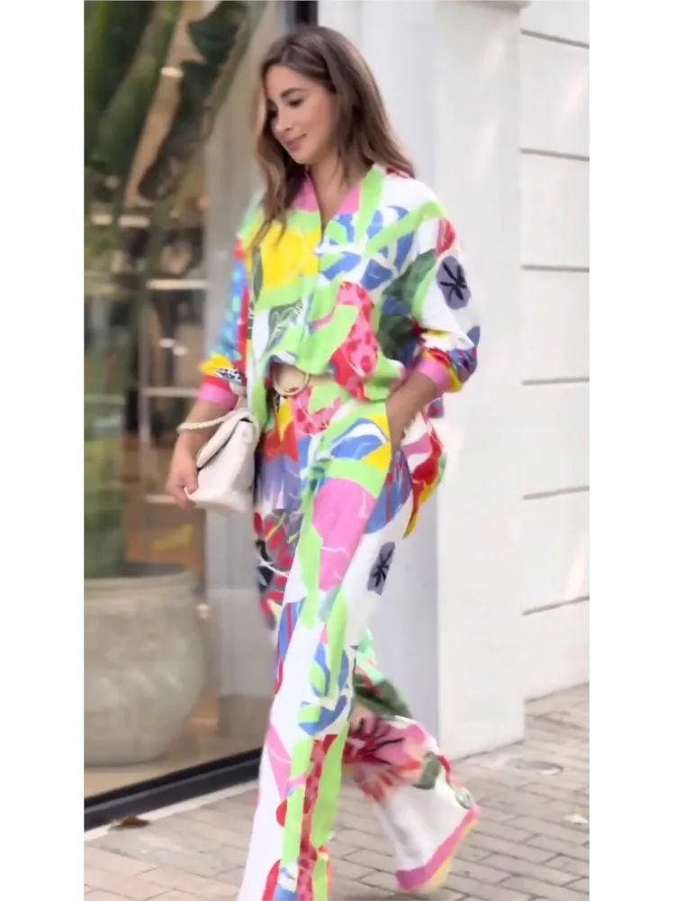 Fashion Color Print Two Piece Sets Women Loose V-neck Long Sleeve Shirts Wide Legs Trousers 2 Piece Set Female Commuting Suits