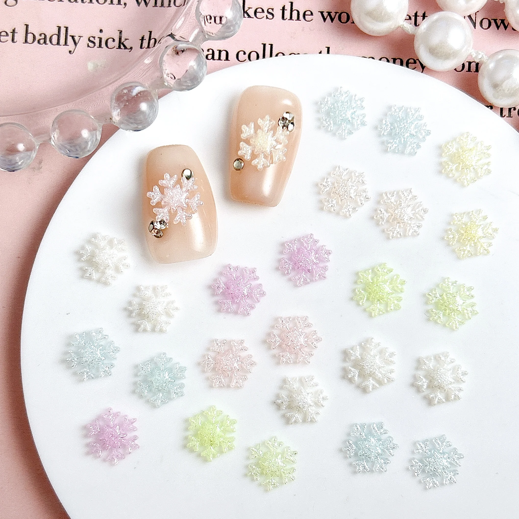 60PCS Macaron Colored Sweet Snowflake Resin Nail Charms Luminous Dreamy Sparkling Snowflake Nail Art Decorations for DIY Nails