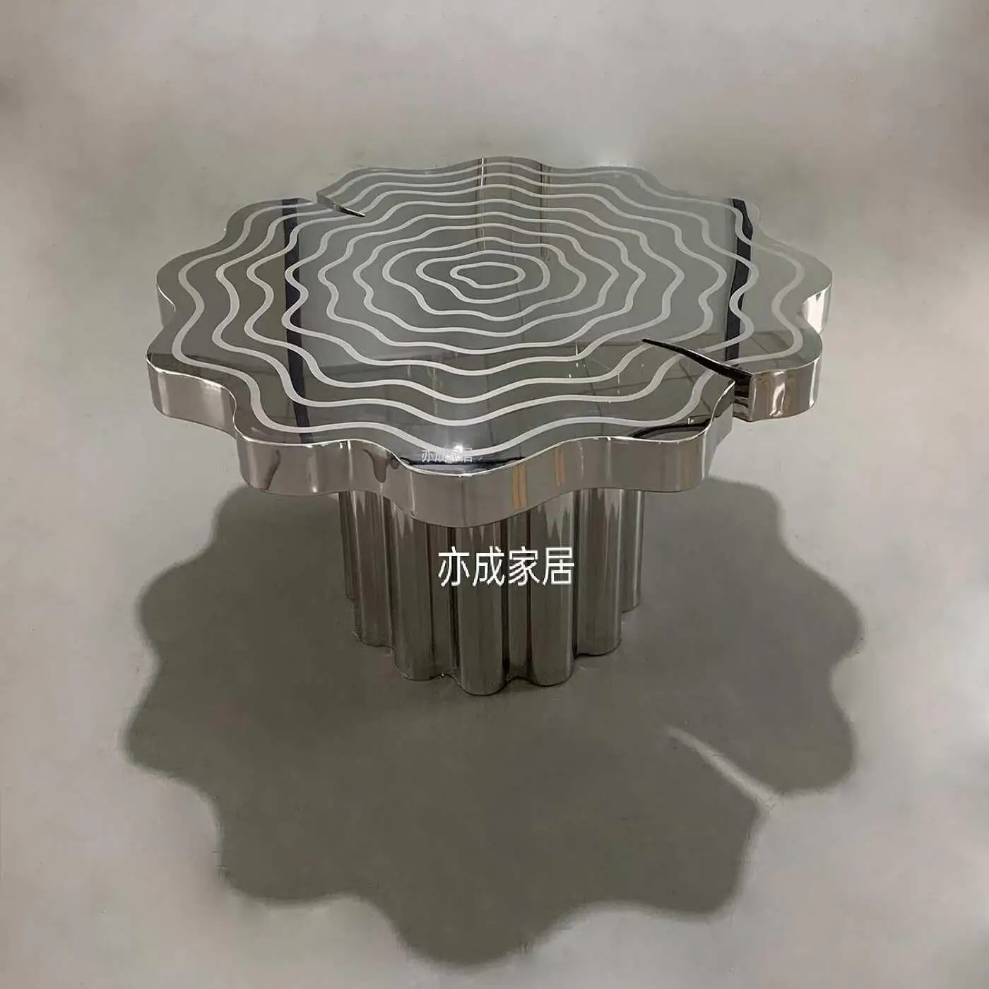 

Stainless steel mirror etching annual ring special-shaped set table design light luxury round table living room villa hall irreg
