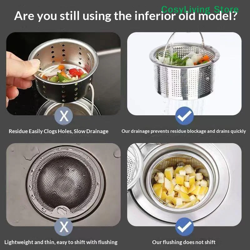 [CL]304 Stainless Steel Sink Strainer Plug With Anti Clog Design Convenient Lift Handle Kitchen Food Waste Filtering Daily Use