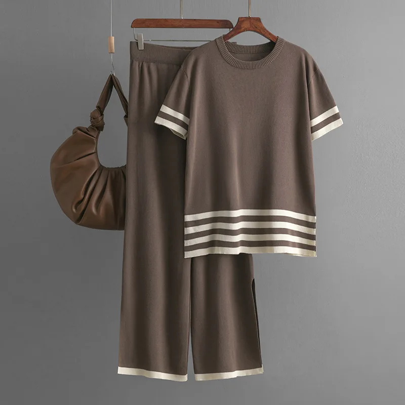 

Европейско-американские новые модные женские контрастные цвета, повседневные модные вязаные комплекты из 2 предметов, футболки с круглым вырезом и короткими рукавами, брюки