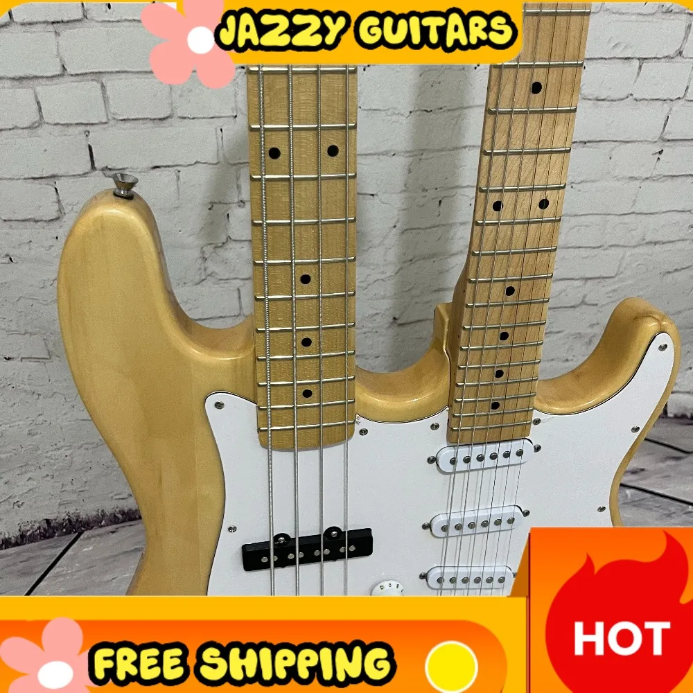 Yellow Double Neck Electric Guitar 4 String Bass 6 String Guitar Natural Wood White Protective Board SSS Pickups Free Shipping