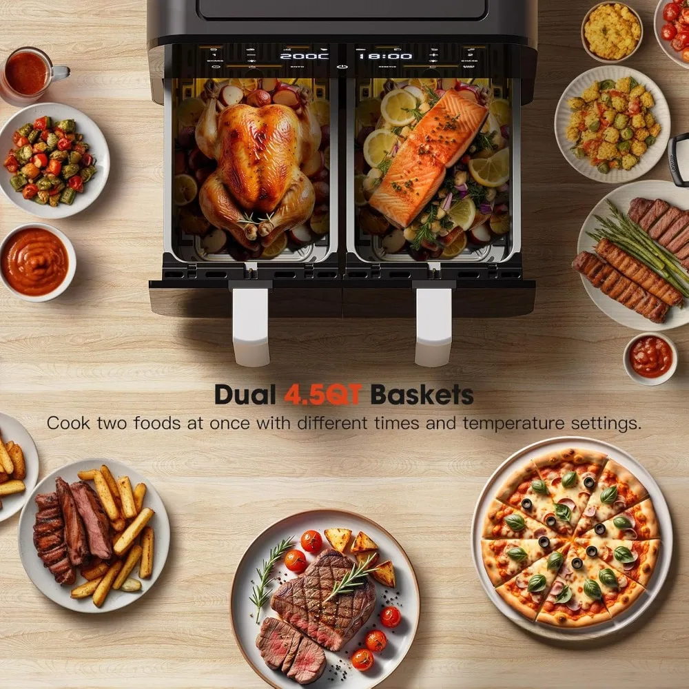 Dual Air Friteuse, 9.5qt (9l) Dual Mand Air Friteuse Met Zichtbaar Raam, Grote Dubbele 4.75 Qt Airfryer Met Onafhankelijke