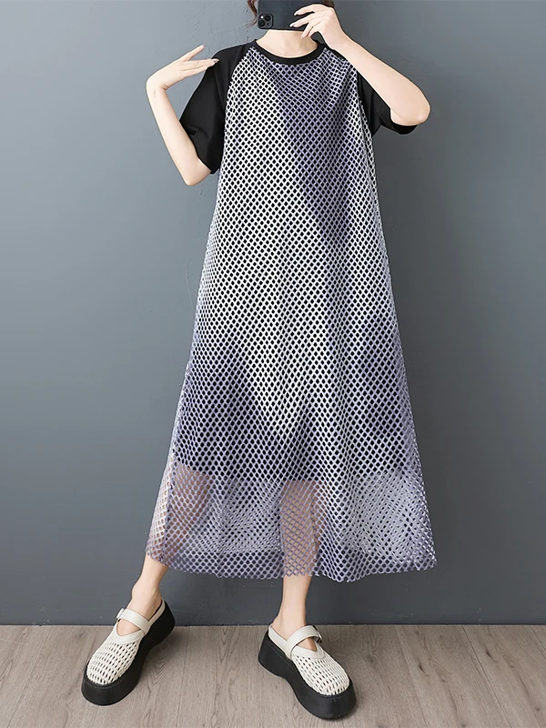 เสื้อถักไหมพรมทรงตรงสไตล์เกาหลี ลายมัดย้อมแบบโปร่ง ดีไซน์หลวม ยาว  แบบสองชิ้นปลอม  แฟชั่นฤดูร้อน