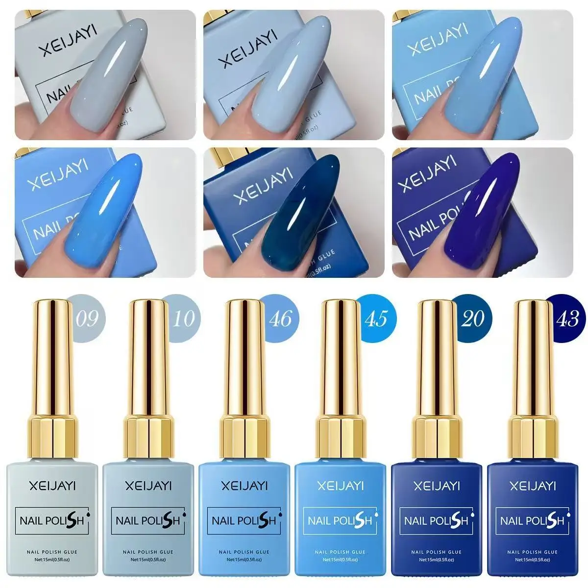 XEIJAYI 15ml 젤 매니큐어 6 색 블루 누드 네일 아트 광택 젤 래커 탑 코트 DIY 디자인 모든 장식 담그기