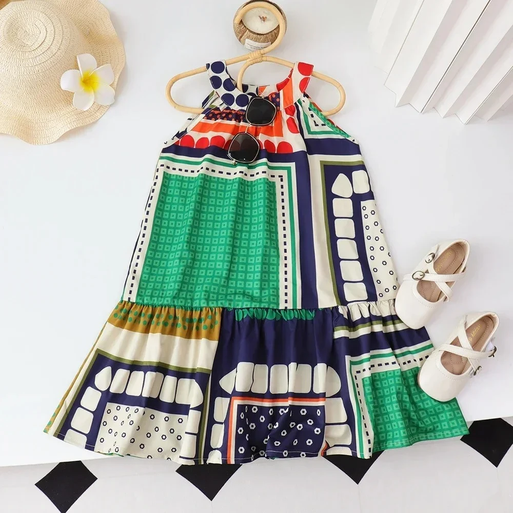 Bohemian Style Polka Dot Print Hanging Neck Casual Dress for Girls Aged 3-4 Summer Promotion