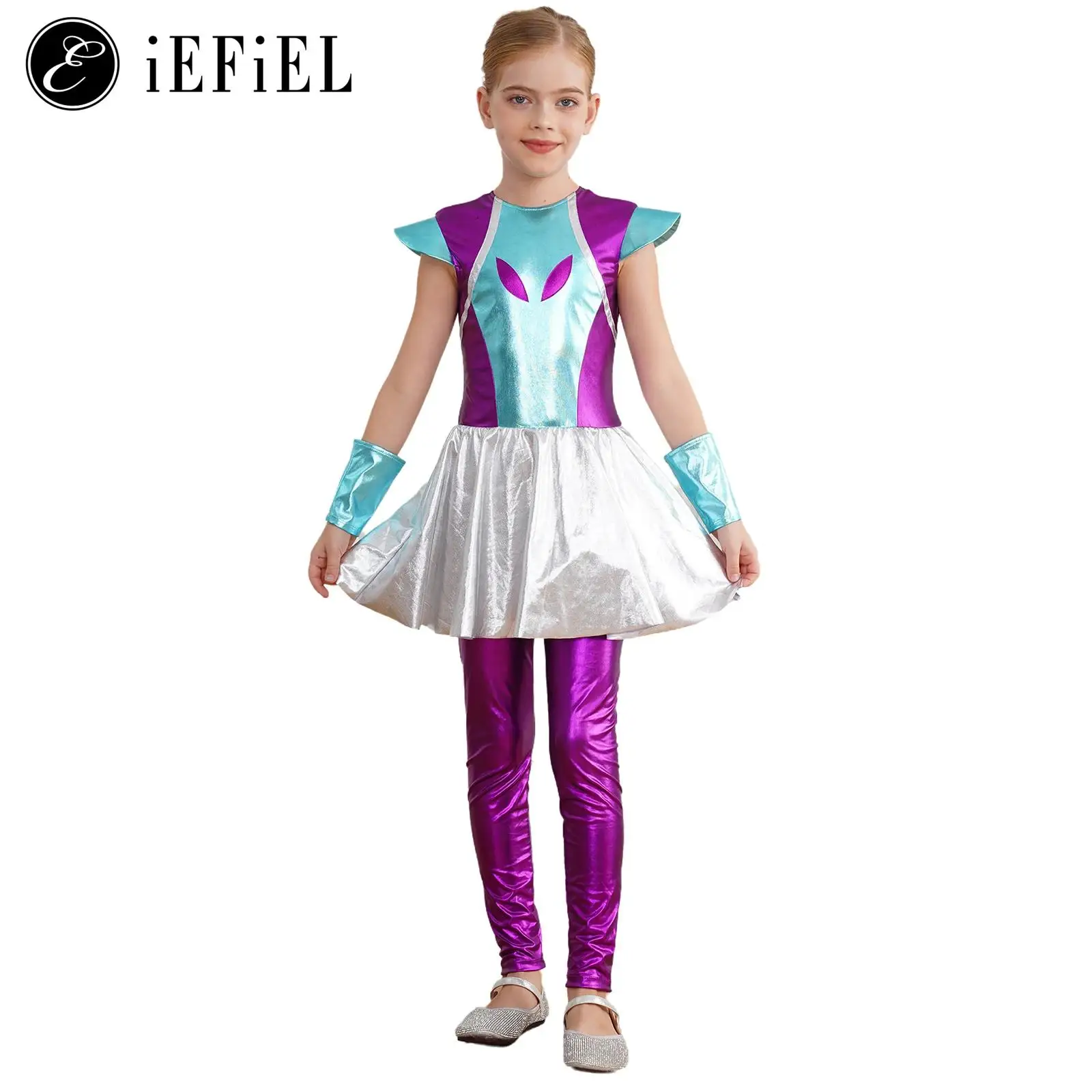 Alien Girls Outerspace Uniform Kids Metallic Cap Tutu One Piece Jumpsuits with Tutu Skirts Wristband Astronaut Robot Party Dress