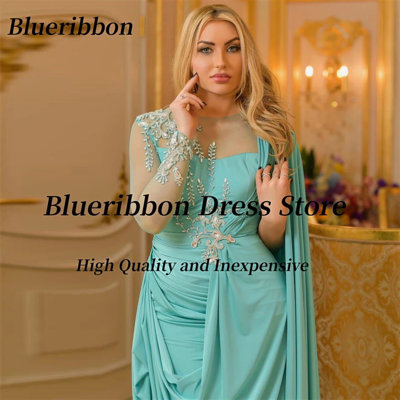 Vestido de noite Blueribbon para senhoras, Mangas compridas, Vestidos de baile, Frisado, Pick Ups, Envoltórios, Zipper Back, Vestido de festa formal, Oriente Médio