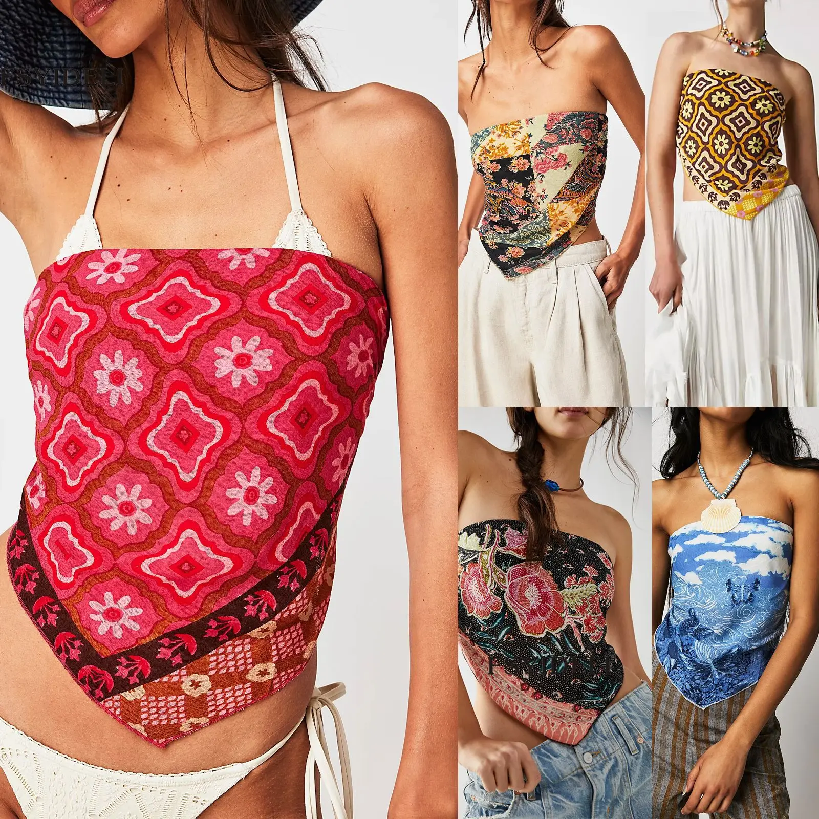 Spicy Girl Print Camisole Feminine Waist-cinching Asymmetrical Strapless Short Top With Beautiful Back Design  EZHA