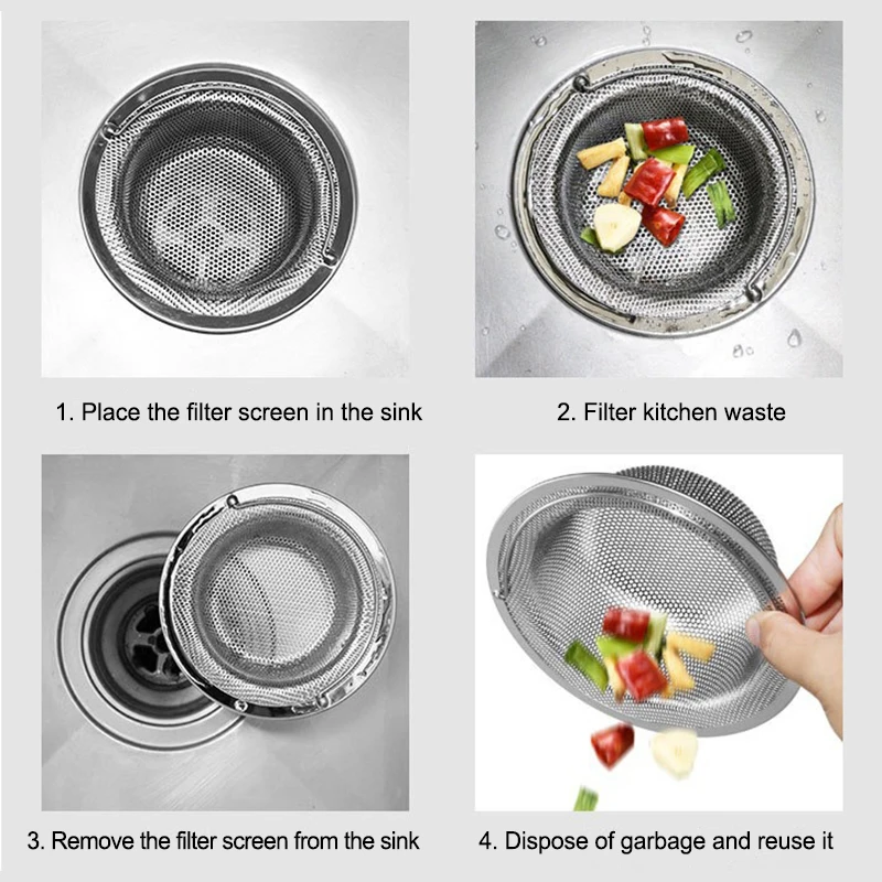 

3 Sizes 304 Stainless Steel Sink Filter With Handle Strainer Or 30 Disposable Sink Filters Mesh Kitchen Food Hair Srceen Drains