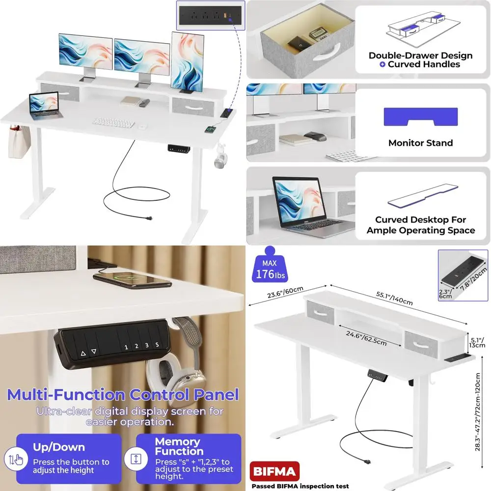55 Adjustable Electric Height Desk with USB & Type-C Ports for Home Office and Gaming