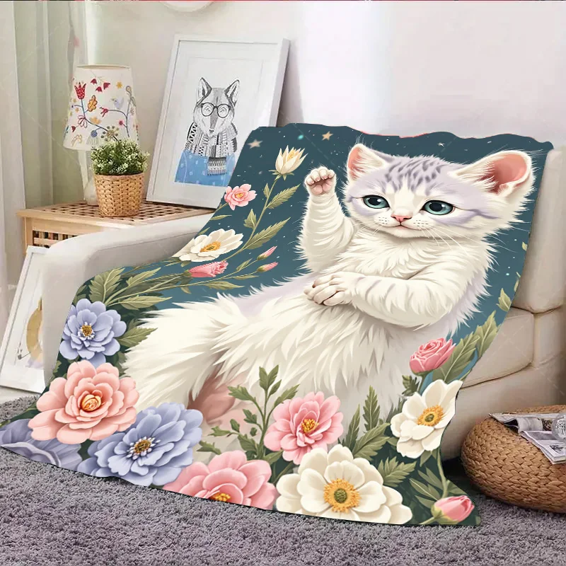 1 قطعة بطانية الفانيلا لطيف القط مع طباعة الأزهار بطانية مريحة لينة لديكور المنزل #4