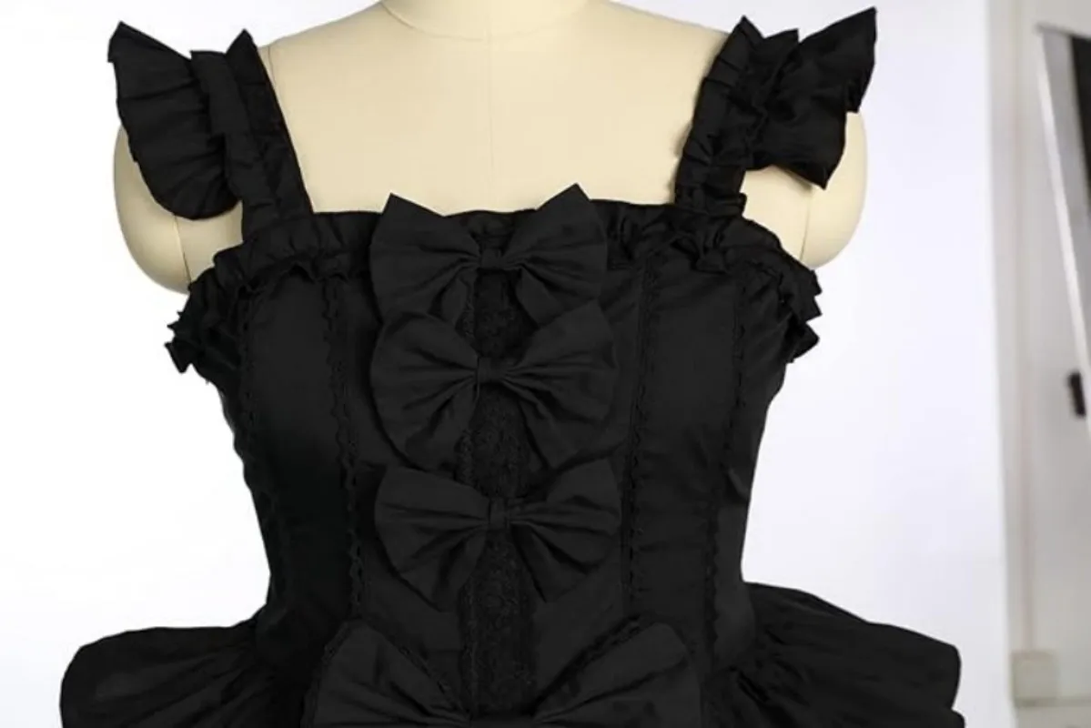 Милое и сексуальное черное многослойное кружевное платье с бантом в стиле Сисси Лолита, платье принцессы без рукавов, косплей по индивидуальному заказу