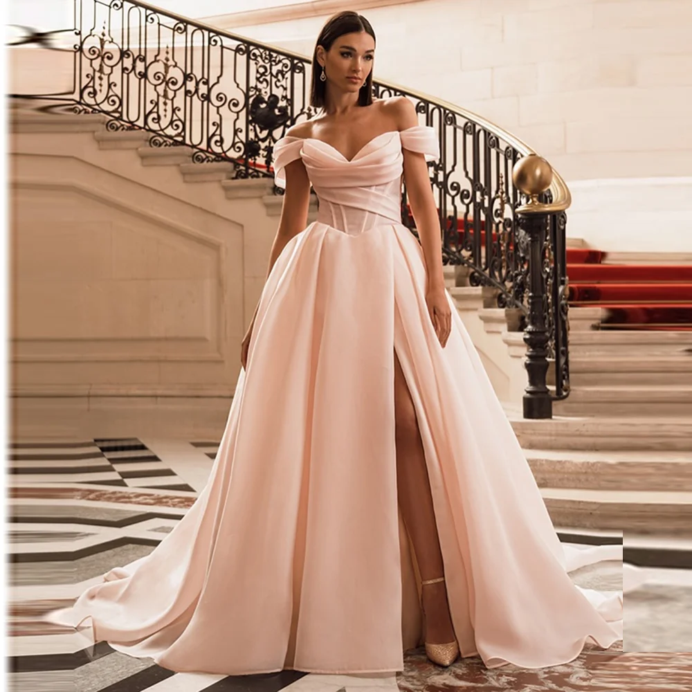 

Off-Shoulder Tulle Pleated A-line Formal Evening Party Dress Lace up Sweep Train Evening Bridal Gown with Side Slit Customized