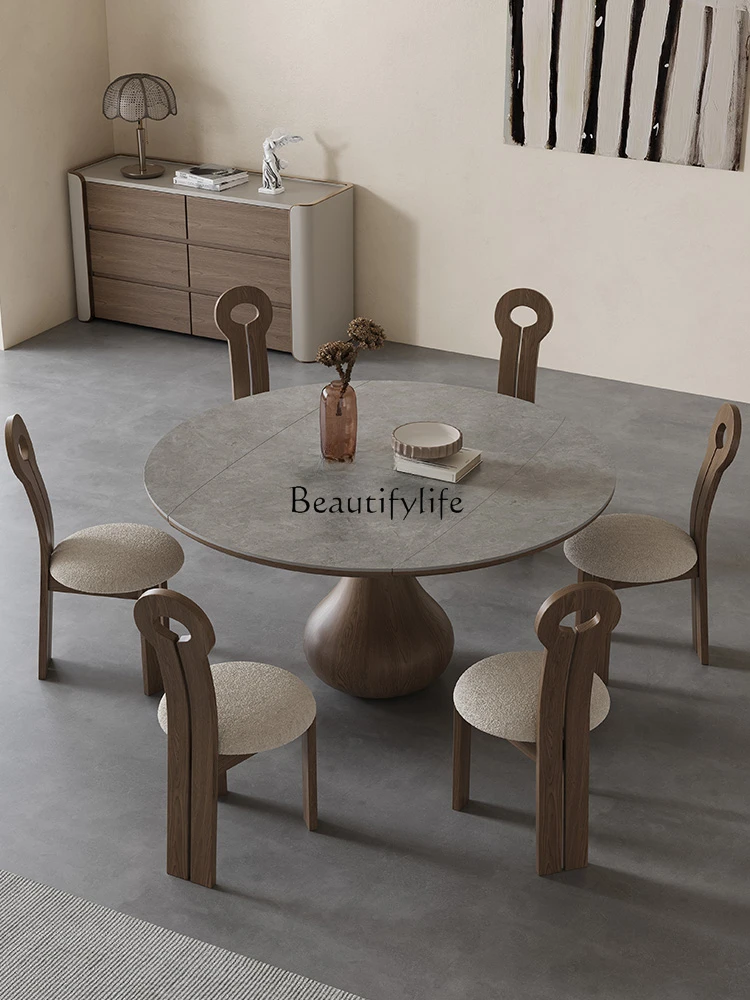 

Italian minimalist rock slab solid wood dining table small apartment retro high-end retractable rock slab