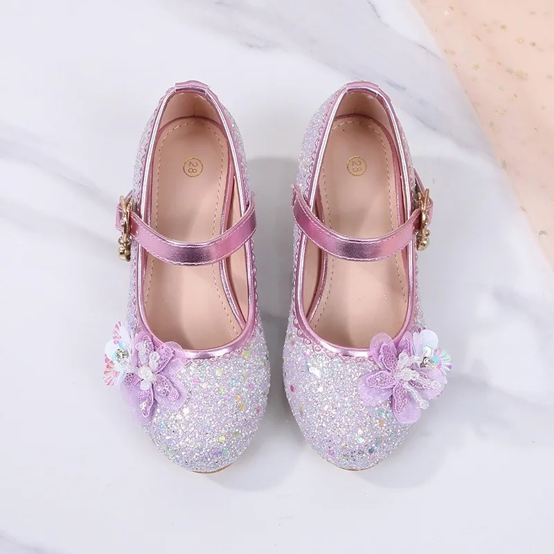 Girls Sequined Princessshoespring New Korean Version Child Formal High Rootshoe Fashionable Sweet Flower Girl Party Leather Shoe