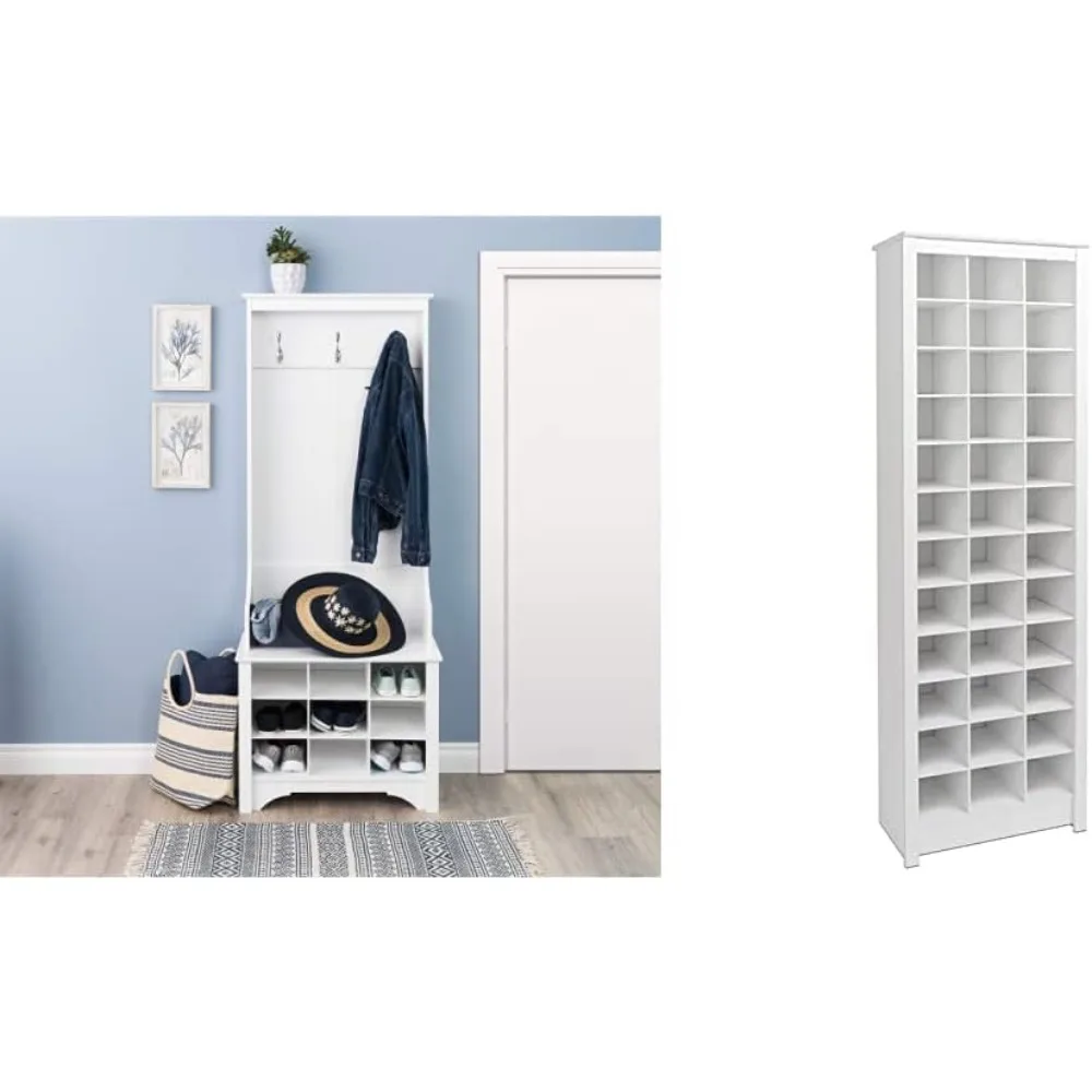 

Narrow Hall Tree with 9 Shoe Cubbies, White & Space-Saving 36 Pair Shoe Storage Cabinet With Cubbies, 13" D x 23.5" W x 72.5" H