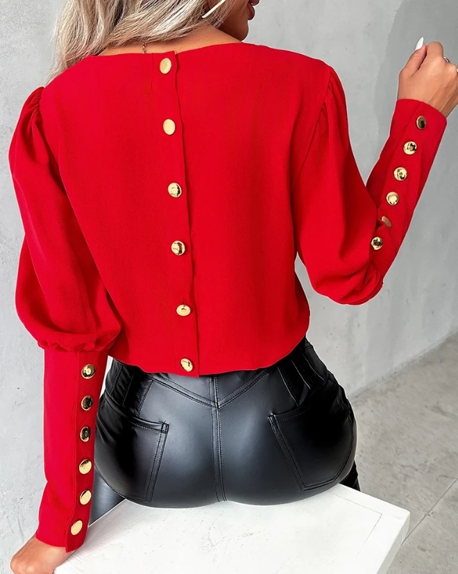 

Fashion Woman Blouse Autumn Fashion Button Decor Long Sleeve Casual O-Neck Plain Daily Top Y2K Clothes