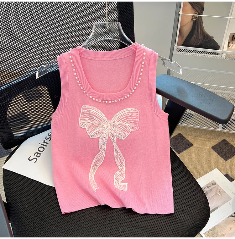 Bow Pearl Beaded Knit Sweater Vest Women Pullover Tees Tops Summer Stylish Sexy Fashion Chic Knitwear Sleeveless O-neck Jumpers