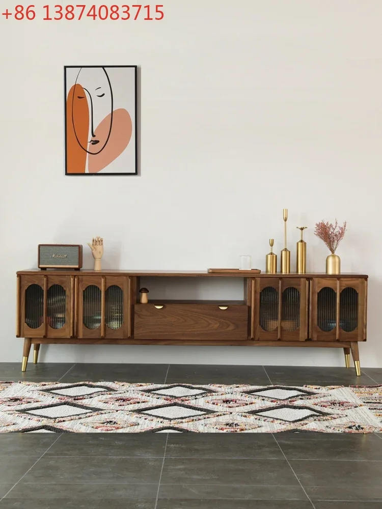 

Black Walnut Wooden TV Cabinet Changhong Glass Living Room Assembled Cabinet Solid Wood Audiovisual Cabinet