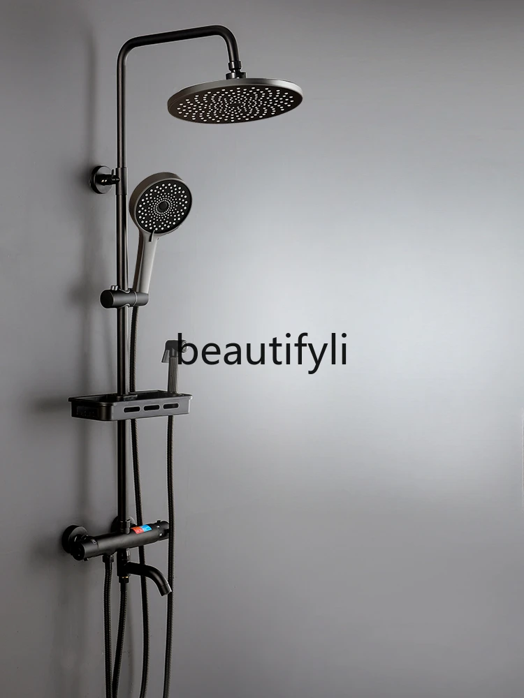 

Black Nordic light luxury constant temperature rain shower shower bathroom set lifting household all copper