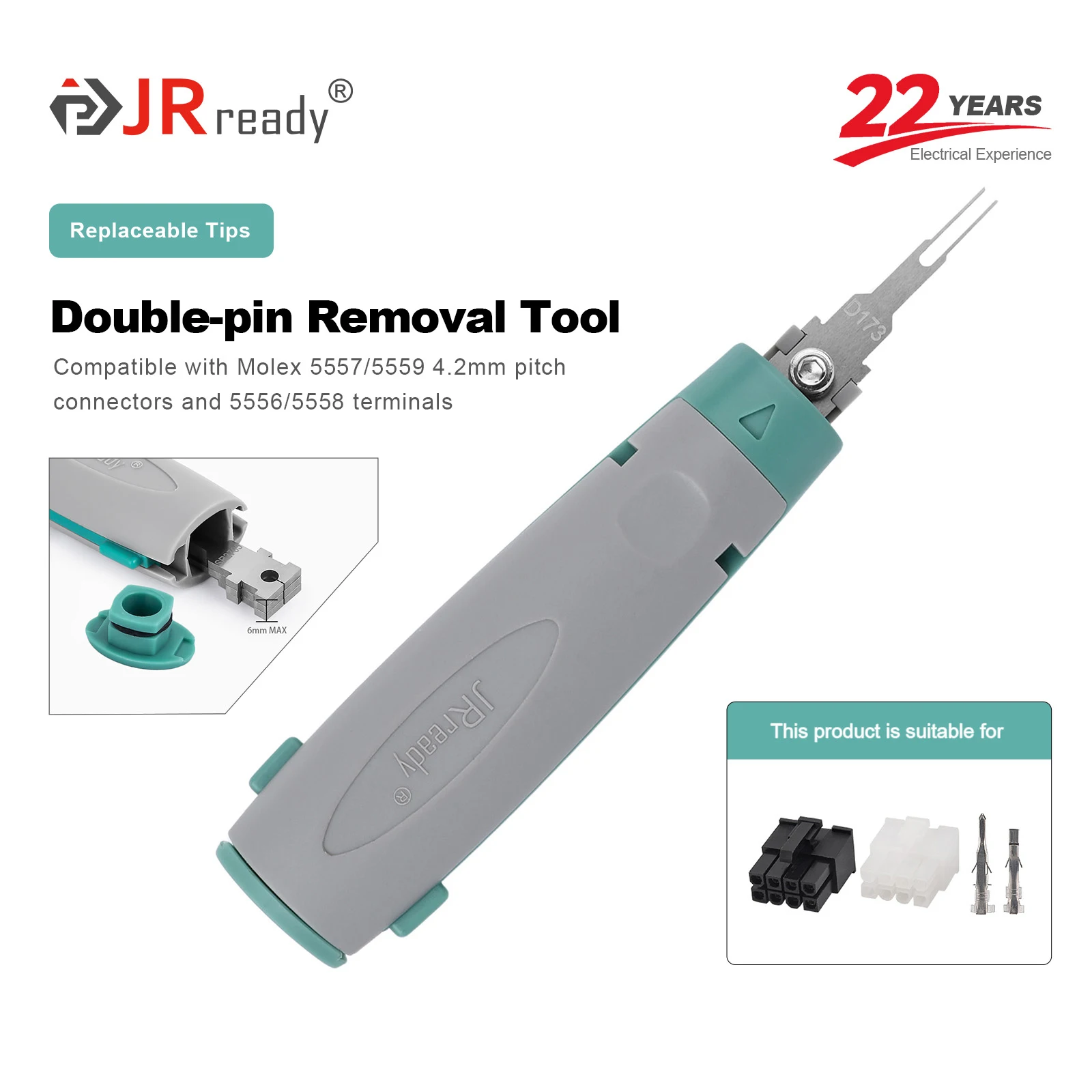 

Инструмент для извлечения контактов JRready JRconDRK-D173 с двумя штырьками, подходит для разъемов 5557/5559 с шагом 4,2 мм, а также для разъемов 5556/5558.