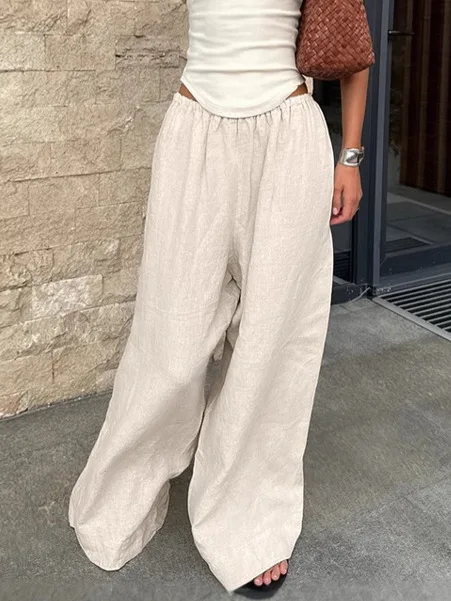 2026 Summer Simple Cotton and Linen Wide Leg Pants for Women's Street Khaki Loose Casual Pants Long Pants