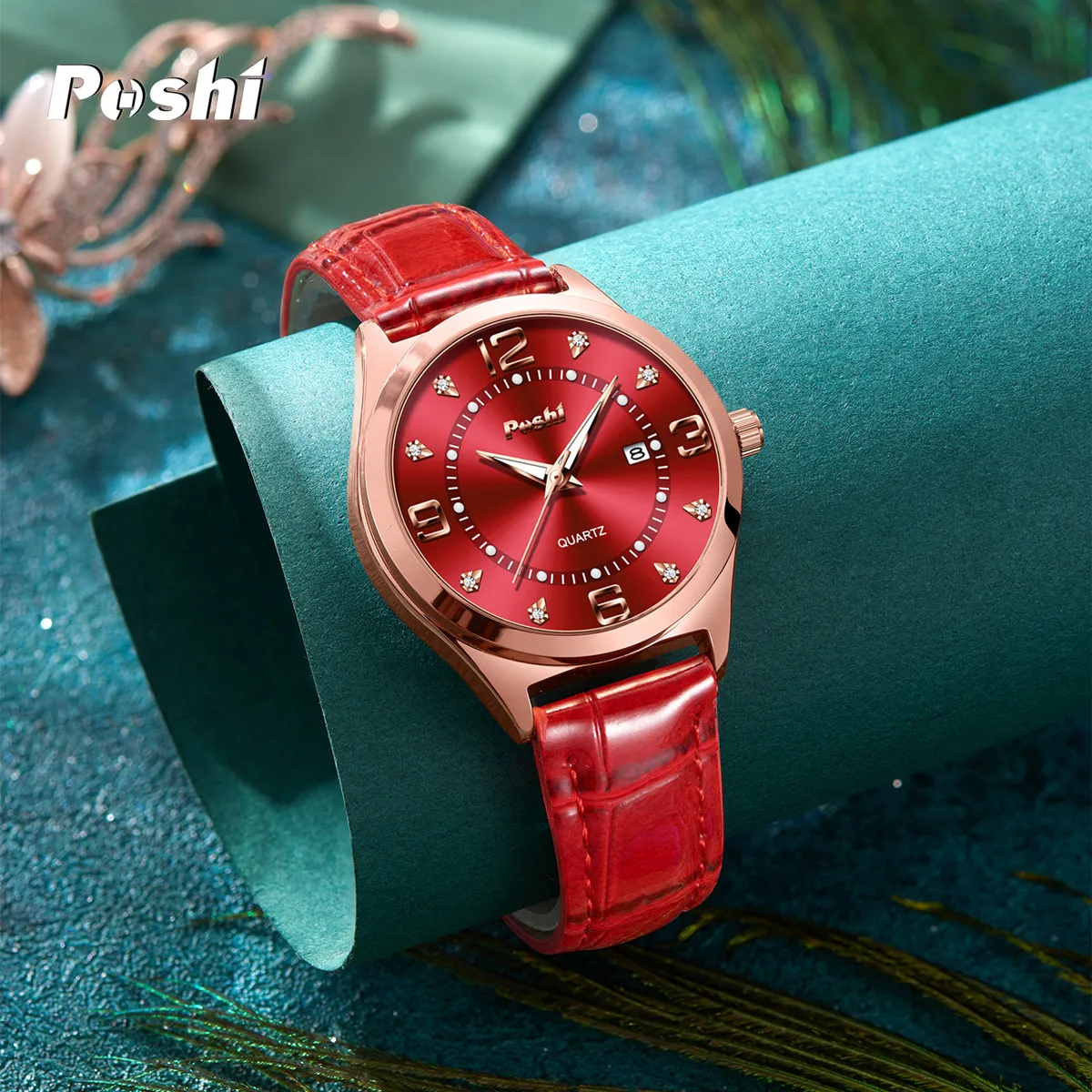 POSHI 972 Fashion Quartz Watch Casual Ladies Dress Wristwatch Leather Strap With Date Life Waterproof Original Watches Girls