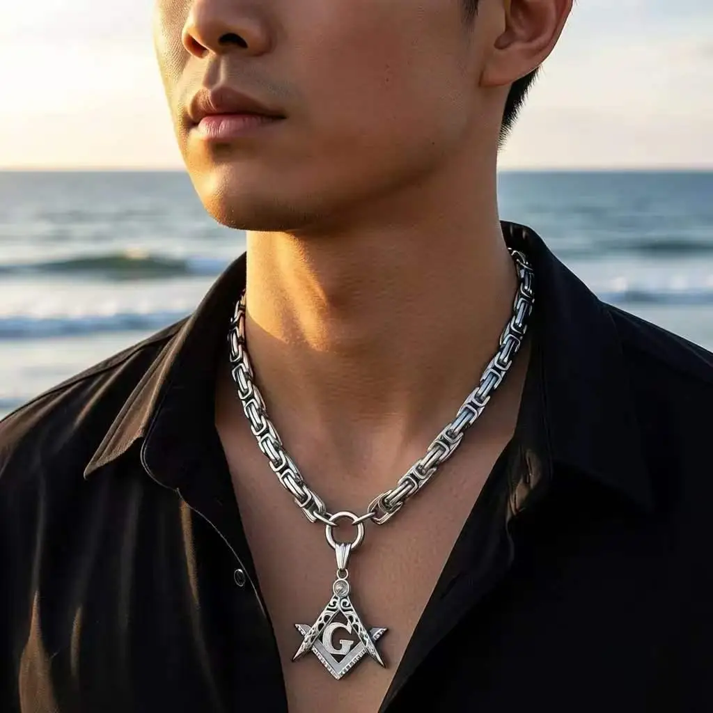 Men The Freemasonry Masonic Mason Pendant Chain Stainless Steel Original Color Solid Chain Necklace