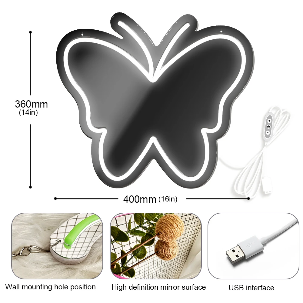 Butterfly Neon Sign for Bedroom, 16x14in Neutral Light Butterfly Mirror Neon Light USB Operated Wall Decor for Living Room,