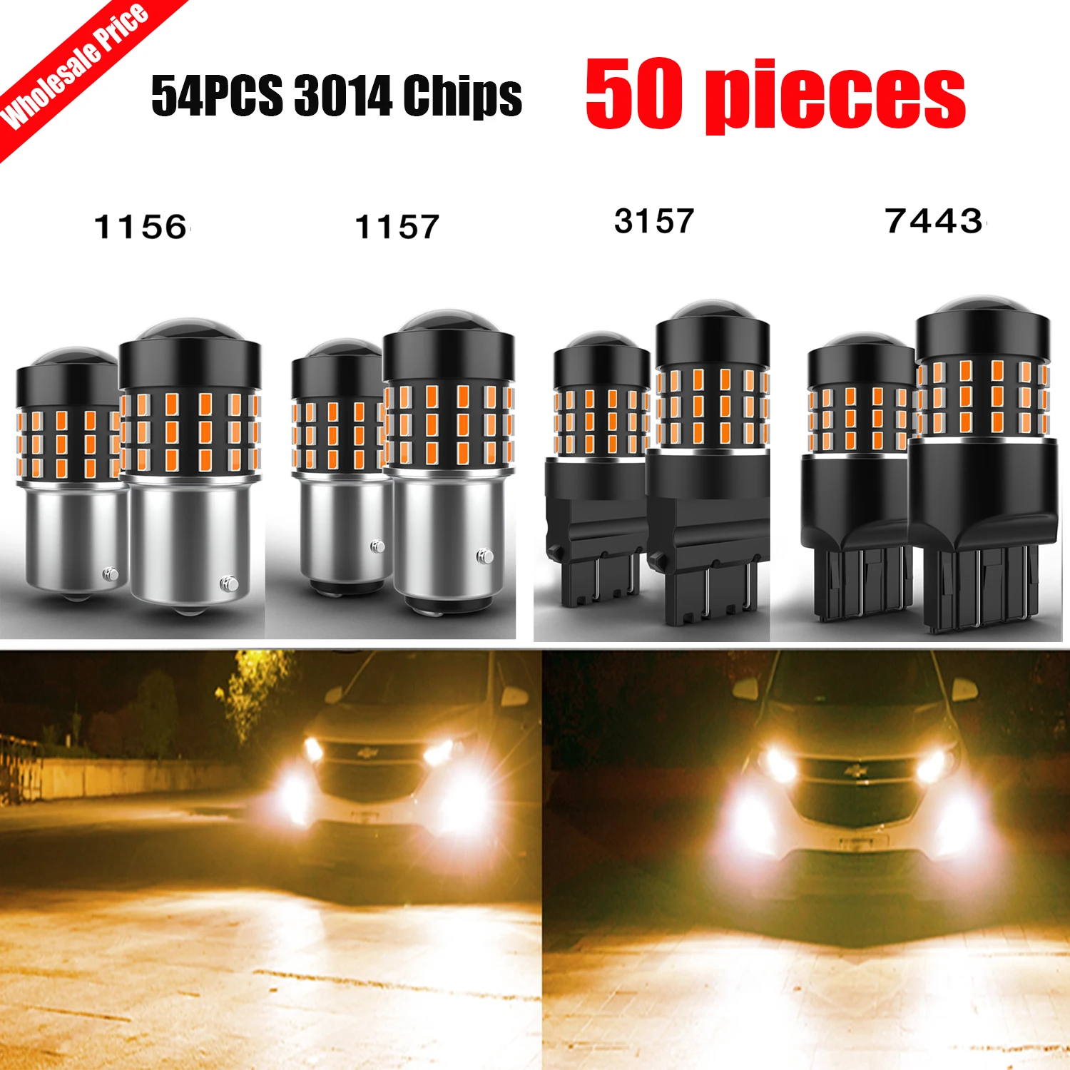 50 Pcs 7443 T20 W21/5W 1156 P21W BA15S 1157 P21/5W BAY15d 3157 T25 LED Turn Signal Bulb 6000K White Red Orange 360° Beam Angle