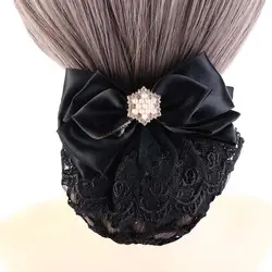 Rhinestone Bowknot Spring Clip Elegant Korean Style Pearl Hair Net Cover Headwear Hair Accessories Bun Snood Bank