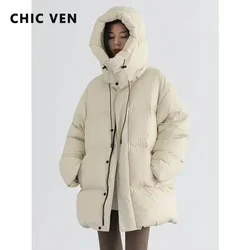 CHIC VEN Korean Women Down Coats Loose Stand Collar Hooded Mid Long 90 White Duck Down Jacket Female Overcoat Winter Women 2025