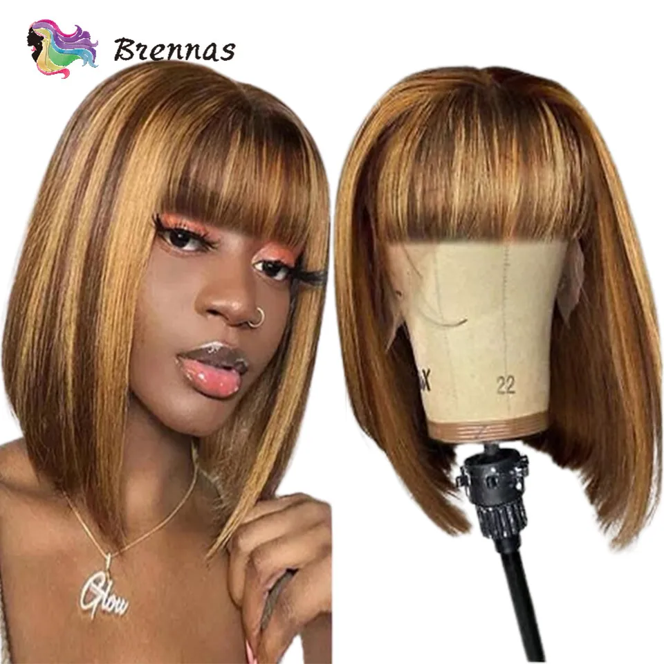 

Blonde Highlight Straight Bob Wig With Bangs Peruvian Wear And Go Honey Blonde Glueless Straight Human Hair Bob Wigs For Women