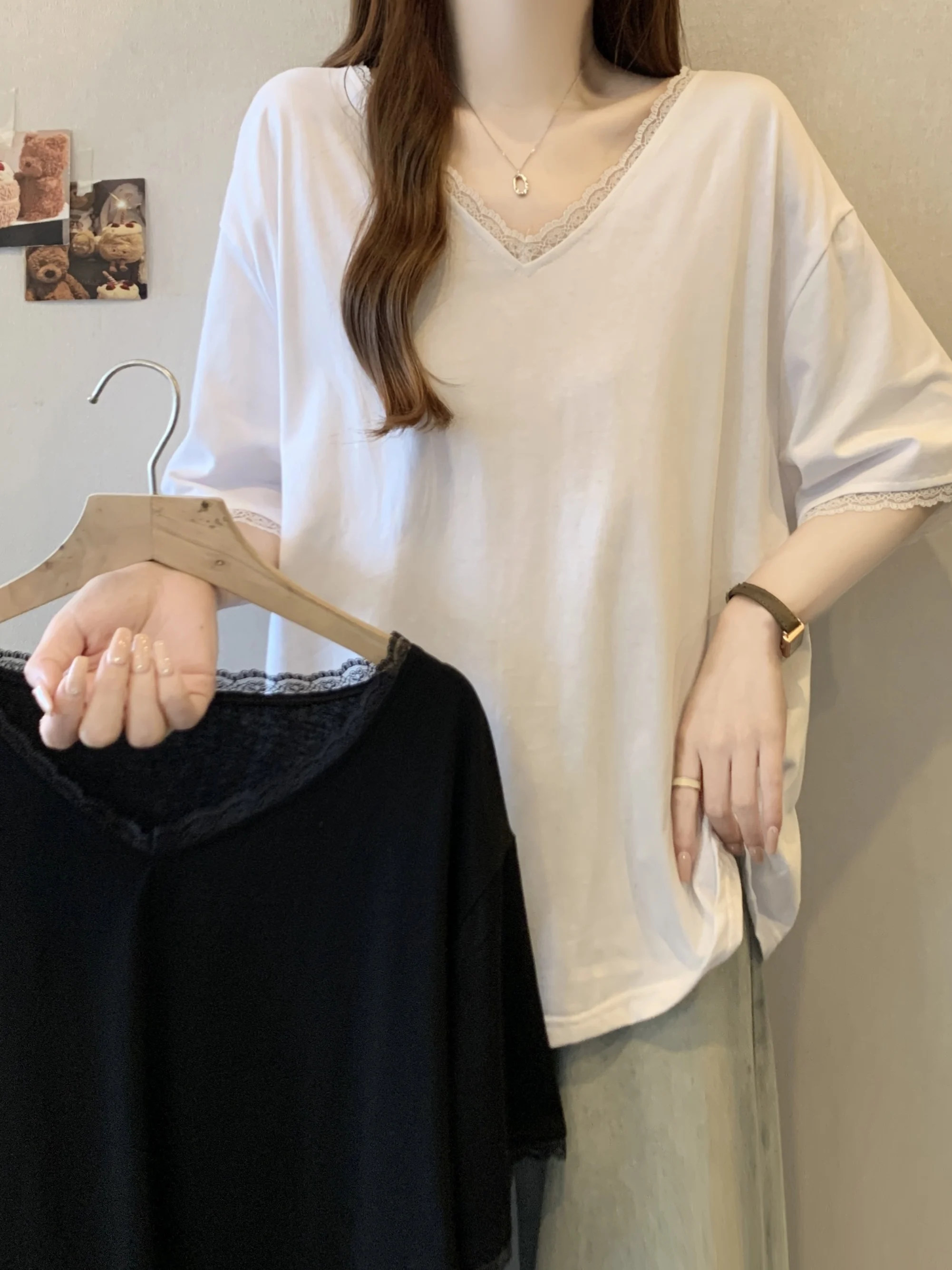 

plus Size Casual Loose Design Sensation Fat MMV Collar Lace Splicing Meat Conceal Thin Short Sleeve T-Shirt Summer Simple Sty...
