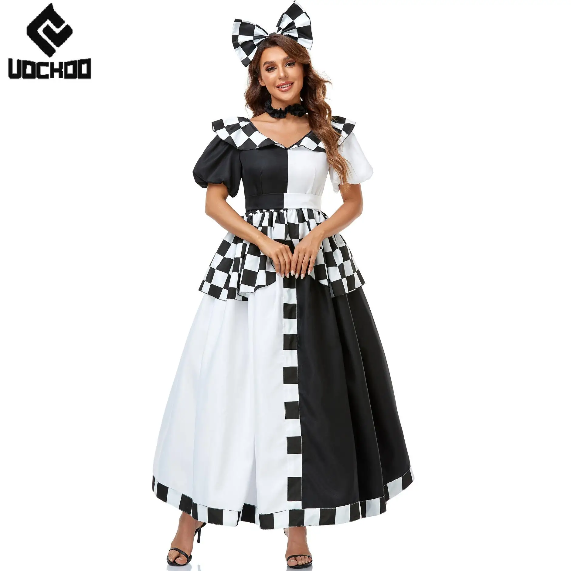

Carnival Lolita Woman Black and White Checkered Uniform Suit Movie Festival Princess Dess Up Long Dress Stage Cosplay Costumes