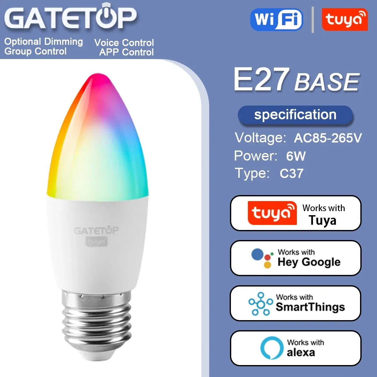 

Tuya Rgb Лампа 6 Вт Smart C37 E27 Свет с регулируемой яркостью Wi-Fi Led AC 85 В-265 В Волшебная лампа работает с Alexa Google Home