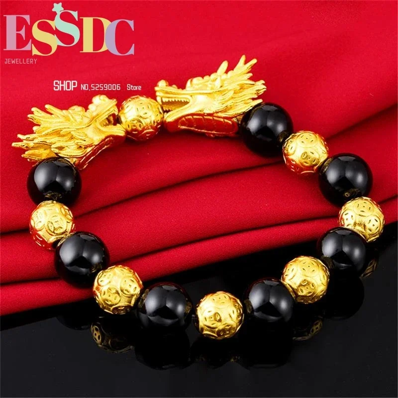 Men's Natural Black Onyx  Vietnam Sand Gold Round Coin Beads Powerful Double Dragon Head Charm Bracelet Wholesale