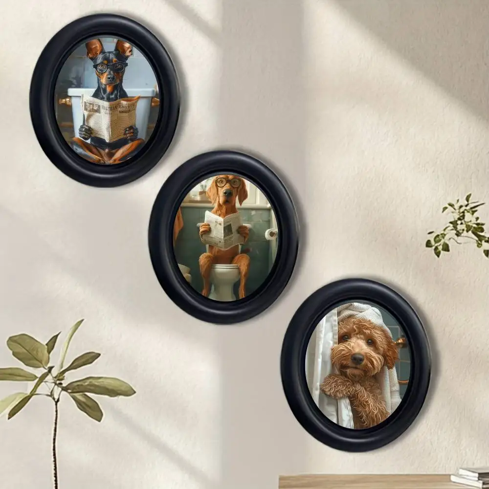 Dog Diamond Painting Cat Toilet Cartoon Wooden Elliptical Photo Frame, Perfect for Home & Holiday Decoration, Great Gift Choice