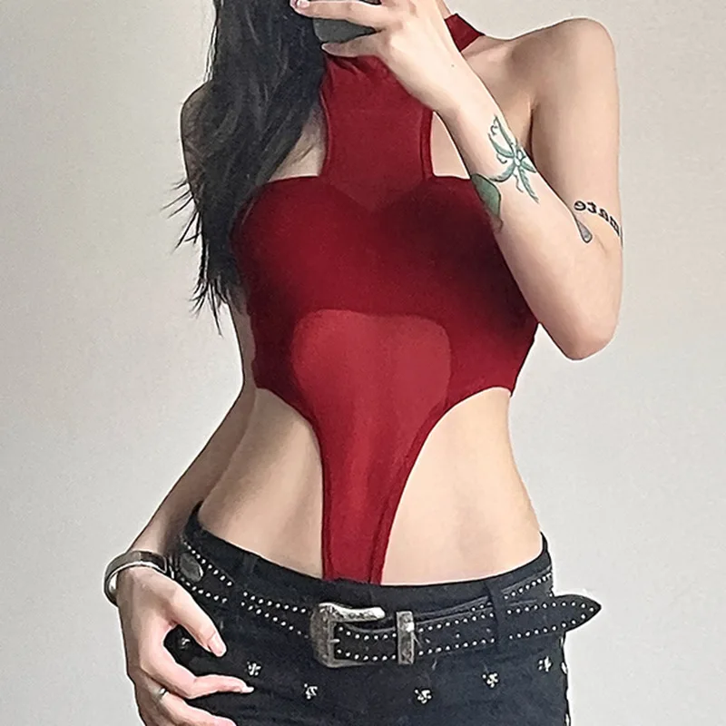 

Street sweet and spicy wind design sense round neck hanging neck jumpsuit women solid color slim sexy off-the-shoulder gauze top