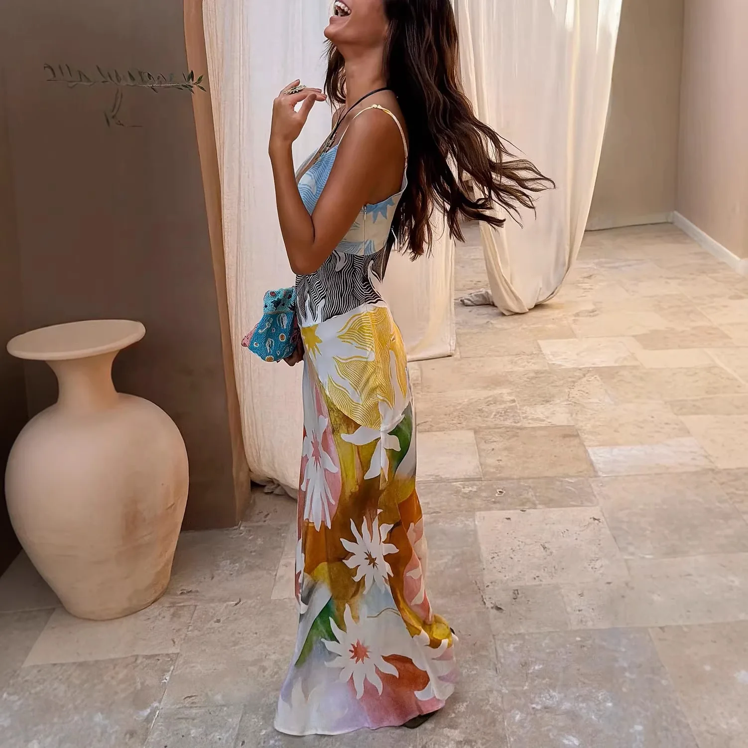 Picture 5: Summer New Print Spaghetti Strap Dress Women Summer New Fashion Sexy Deep V-neck Slim Dresses Vacation Style Bodycon Vestidos
